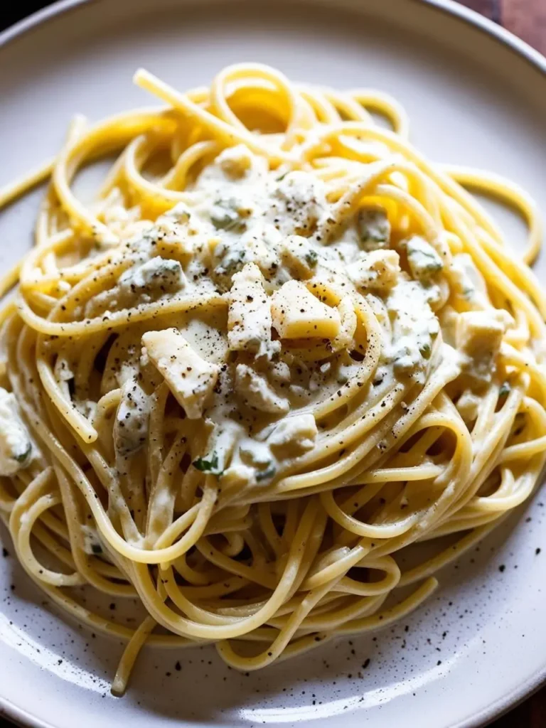 A plate of spaghetti pasta coated in a creamy, white sauce. The sauce is dotted with small pieces of cheese and sprinkled with black pepper. The dish looks rich, decadent, and perfect for a satisfying meal.