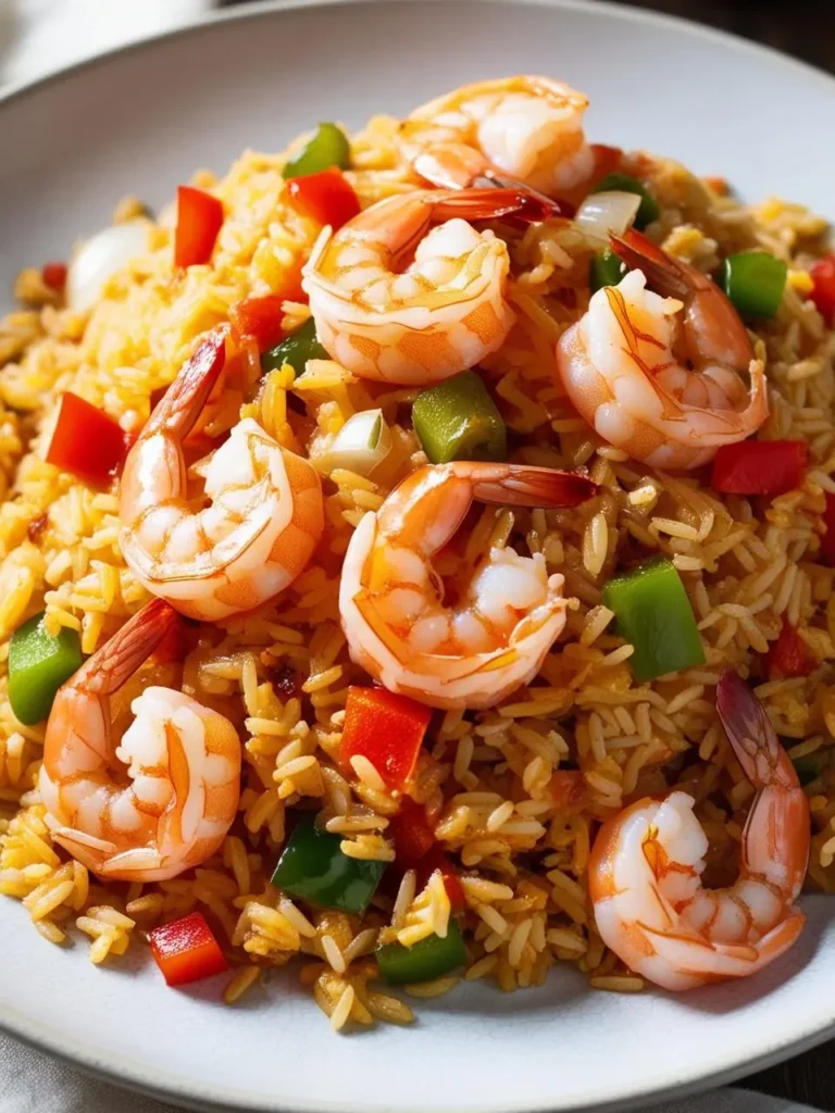 A plate of flavorful shrimp fried rice. The rice is cooked with vegetables like bell peppers and onions, and seasoned with savory spices.  Juicy shrimp are scattered throughout the dish, adding a touch of seafood flavor and visual appeal. The fried rice looks incredibly appetizing and perfect for a quick and satisfying meal.