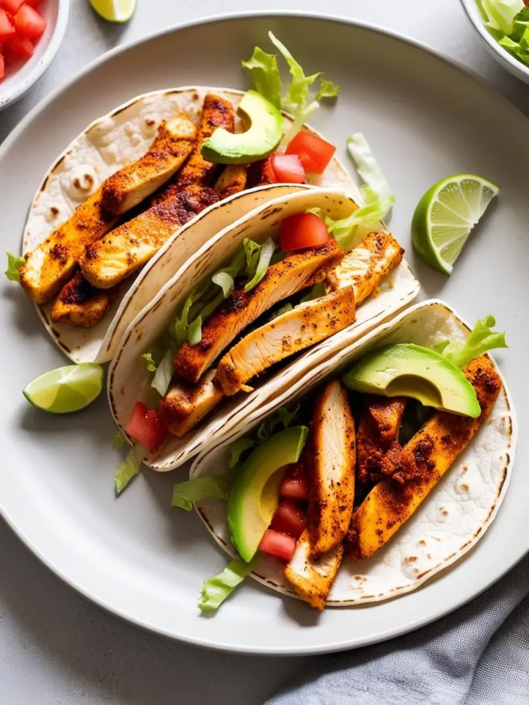 Three soft tacos filled with seasoned and grilled chicken, topped with fresh lettuce, tomato slices, avocado, and a squeeze of lime. The tacos look flavorful and ready to be enjoyed.