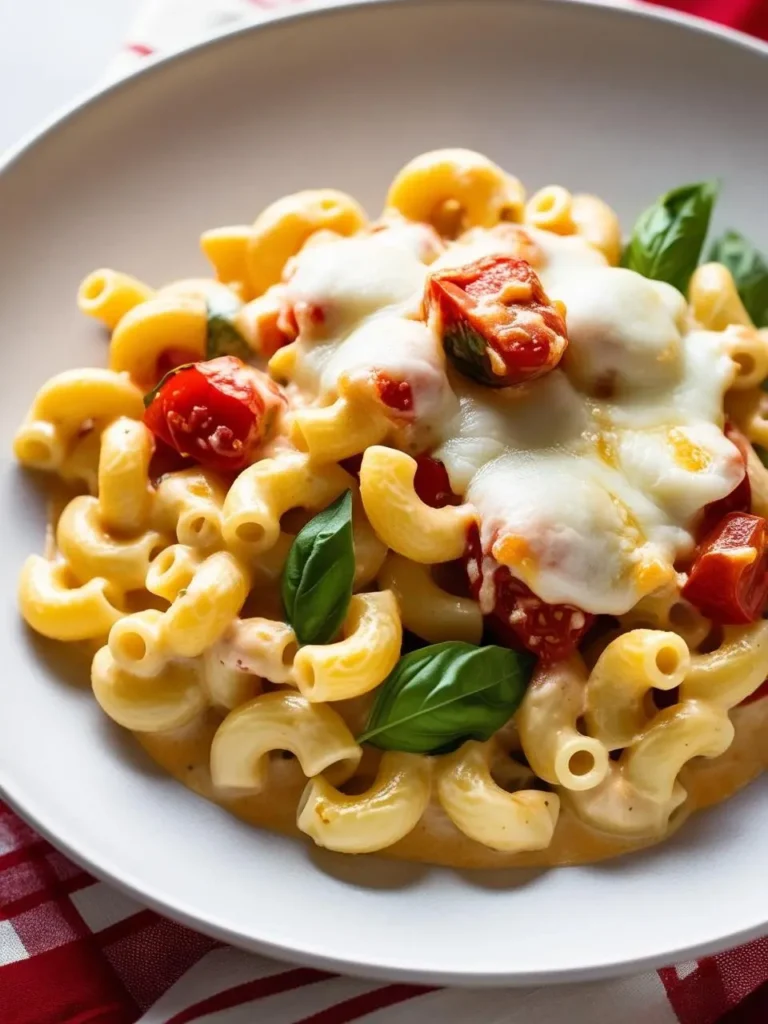 A plate of baked macaroni and cheese with cherry tomatoes and melted mozzarella cheese. The dish is garnished with fresh basil leaves and looks creamy and delicious.