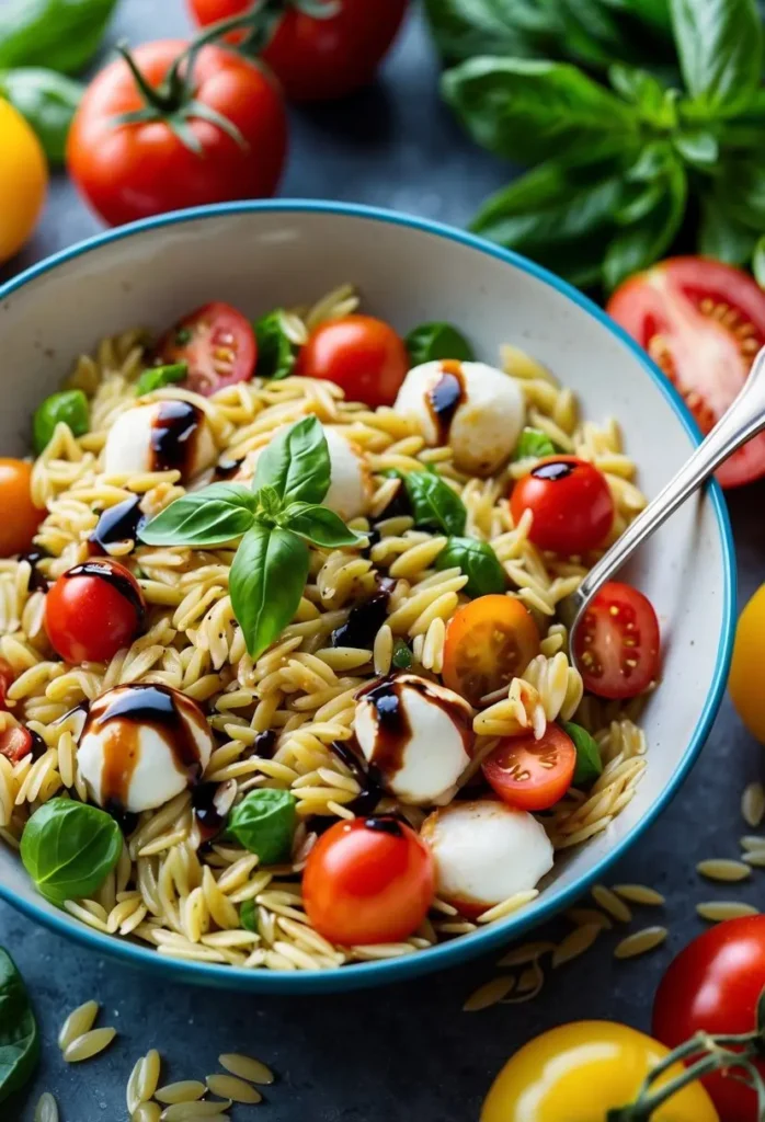 A bowl of Caprese orzo salad with fresh mozzarella, cherry tomatoes, basil leaves, and a drizzle of balsamic glaze. The salad is surrounded by fresh ingredients like tomatoes and basil.