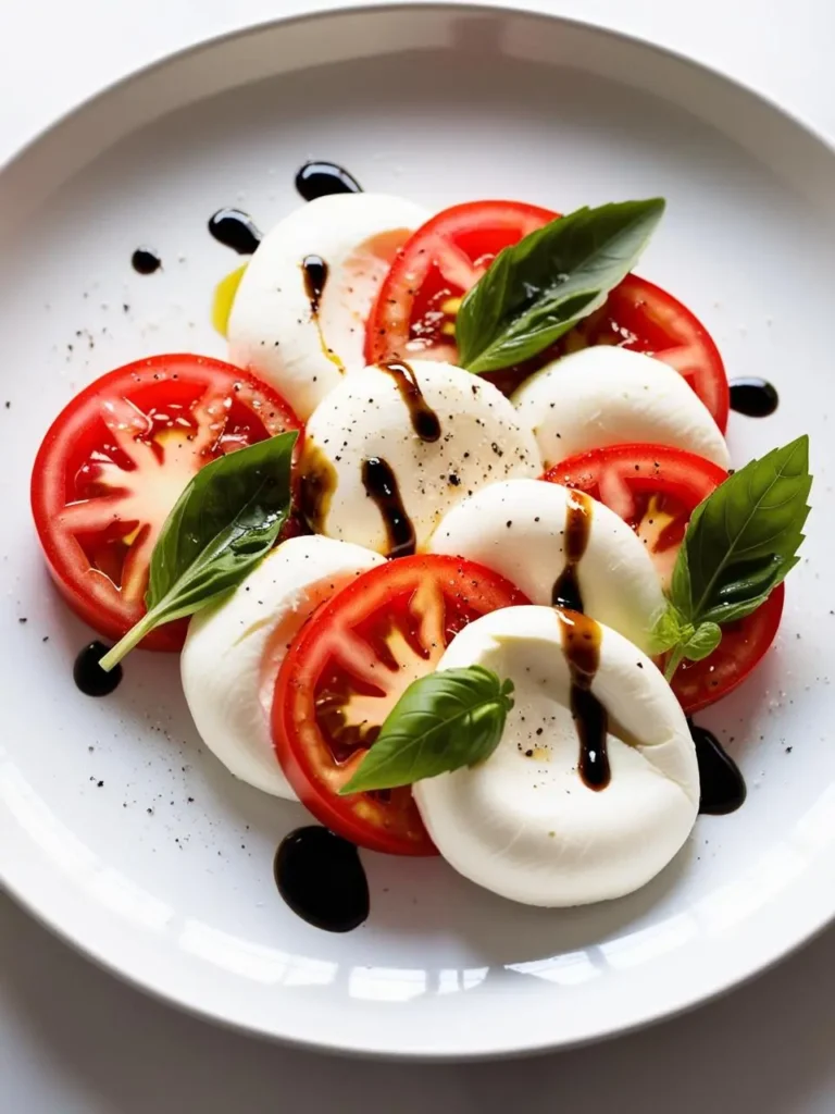 A classic Caprese salad on a white plate. It features alternating slices of ripe tomato and fresh mozzarella, garnished with fragrant basil leaves and drizzled with balsamic glaze. The dish is a visual delight and a celebration of simple, fresh flavors.