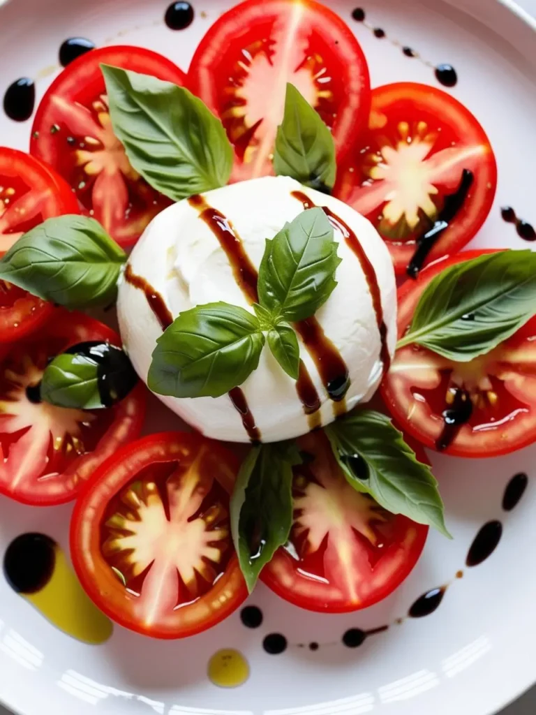 A classic Caprese salad featuring slices of ripe tomatoes, fresh mozzarella, and basil leaves, drizzled with balsamic glaze and olive oil.