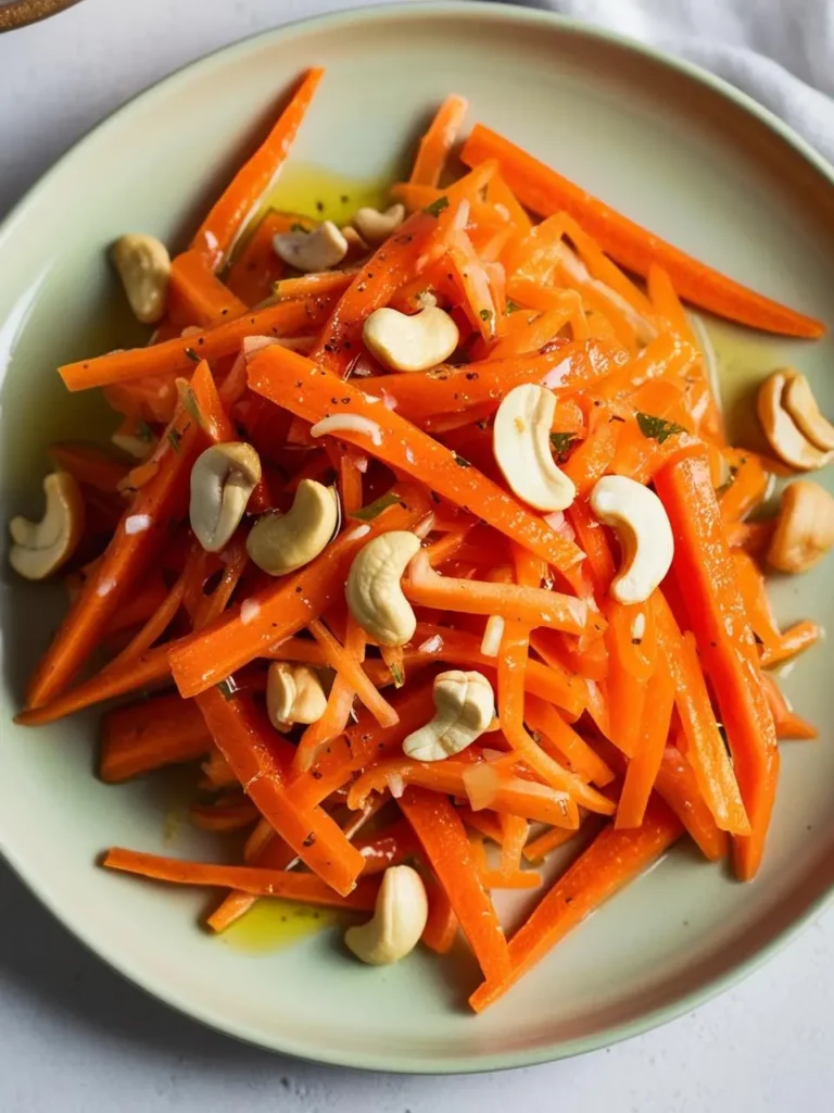 A vibrant carrot salad with a vibrant orange hue. The carrots are thinly sliced and arranged on a plate, topped with toasted cashews and a drizzle of dressing. The salad looks fresh, crunchy, and perfect for a light and healthy meal.