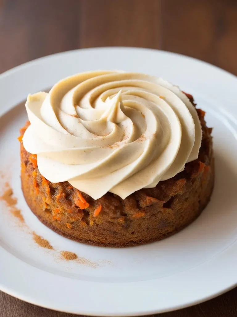 A round carrot cake sits on a white plate. It's topped with a swirl of creamy frosting and sprinkled with cinnamon. The cake looks moist and delicious, perfect for a sweet treat.