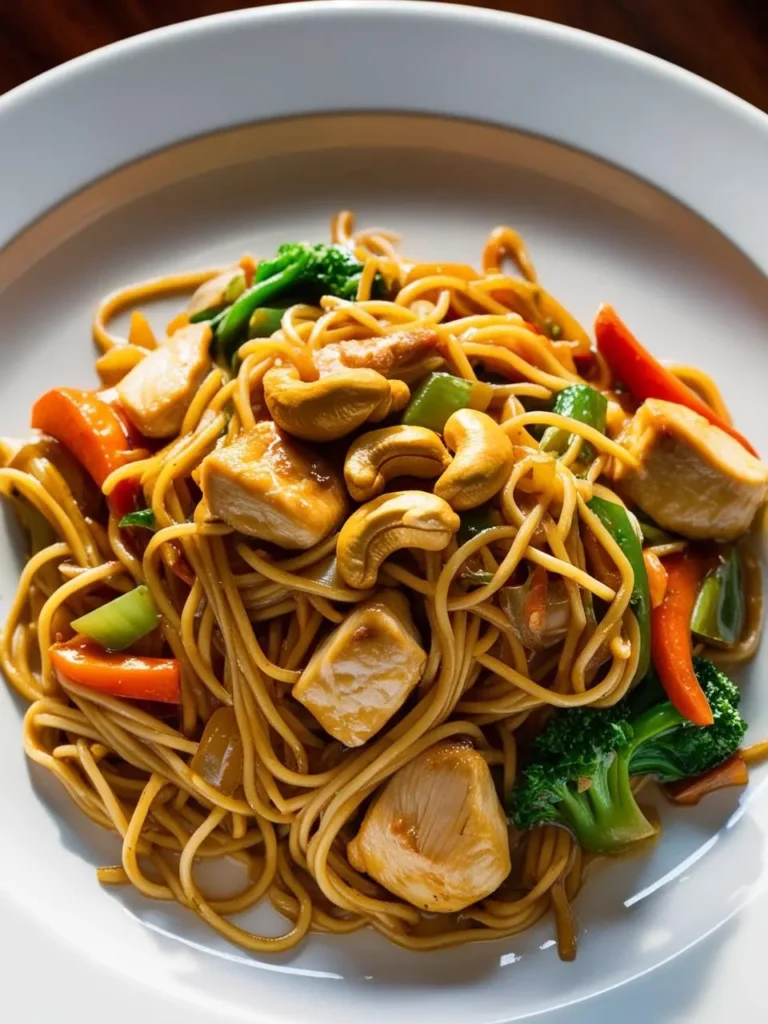 A plate of lo mein noodles stir-fried with chicken, vegetables, and cashews. The noodles look perfectly cooked and coated in a flavorful sauce. The dish is garnished with additional cashews, adding a touch of crunch and richness.