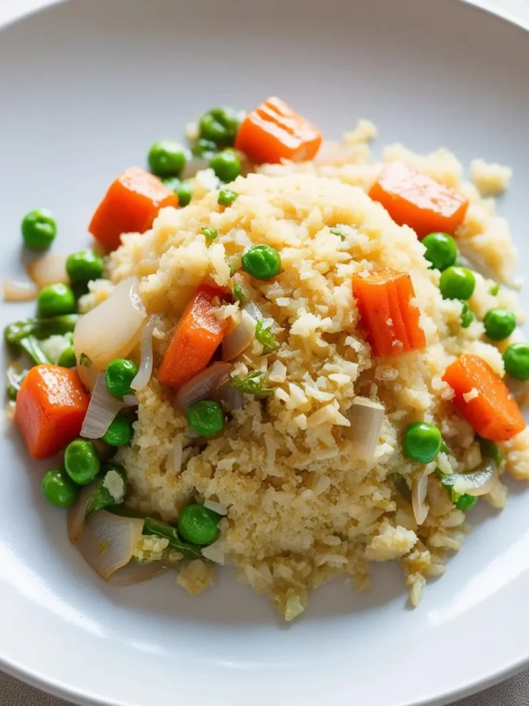 A plate of fluffy, golden-brown couscous with a mix of colorful vegetables. Carrots, peas, and onions are scattered throughout the couscous, adding a vibrant touch and a burst of flavor. The dish looks light, healthy, and perfect for a side or a main course.