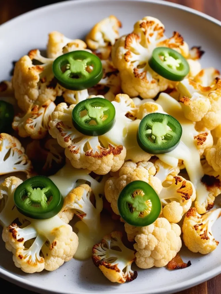 A plate of roasted cauliflower florets topped with melted cheese and sliced jalapeños. This looks like a delicious and cheesy appetizer or side dish.