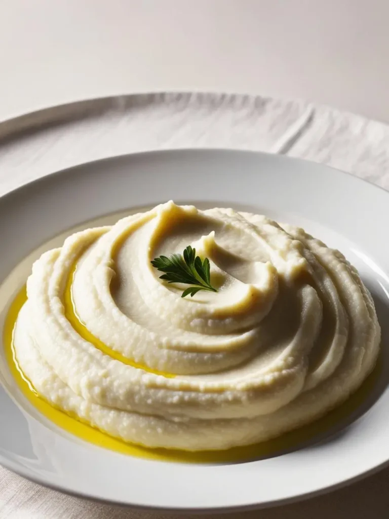 A plate of creamy mashed cauliflower, drizzled with olive oil and garnished with a sprig of parsley. The cauliflower is smooth and fluffy, making it a delicious and healthy side dish.