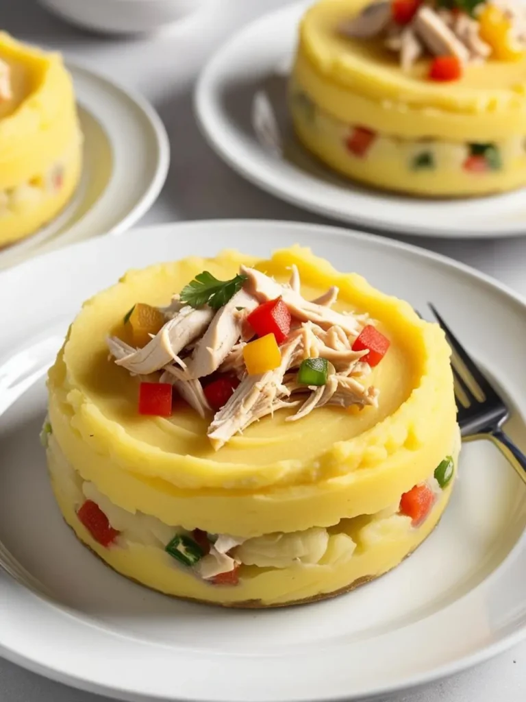 A plate of Causa Limeña, a layered Peruvian dish. It features layers of mashed yellow potatoes, aji amarillo-based filling, and hard-boiled eggs. The top layer is decorated with shredded chicken, chopped vegetables, and olives. The dish looks incredibly appetizing and perfect for a special occasion.