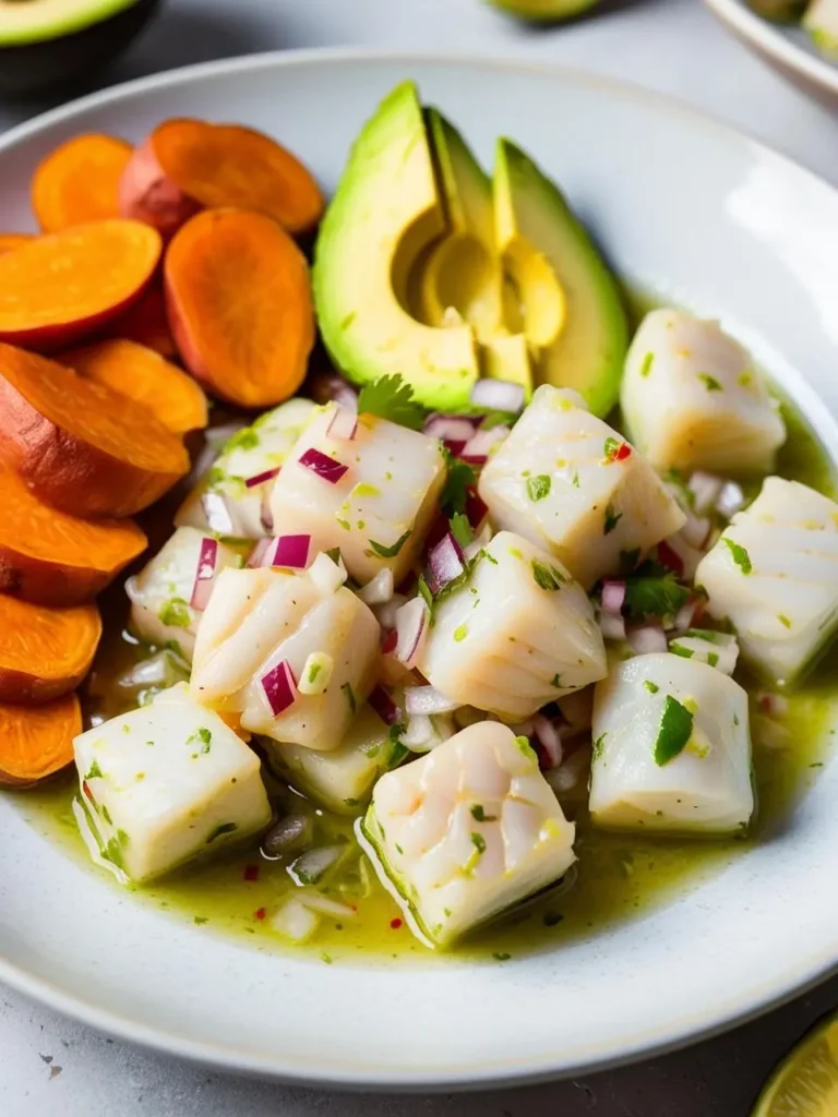 A plate of ceviche, a Peruvian dish made with marinated raw fish. The fish is cubed and marinated in lime juice, creating a tangy and refreshing flavor. The ceviche is served with sweet potato slices, avocado, and red onions, adding a vibrant and colorful touch to the dish.