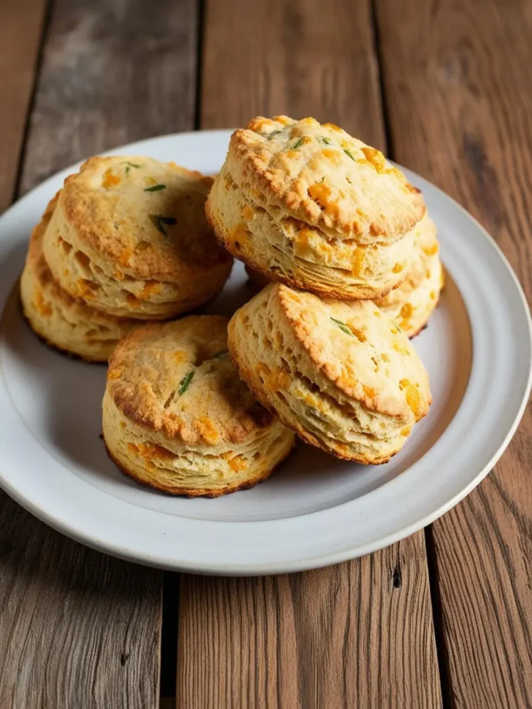 A plate of golden brown biscuits, likely cheddar biscuits, with visible flakes of cheese and herbs. They look buttery, flaky, and delicious.