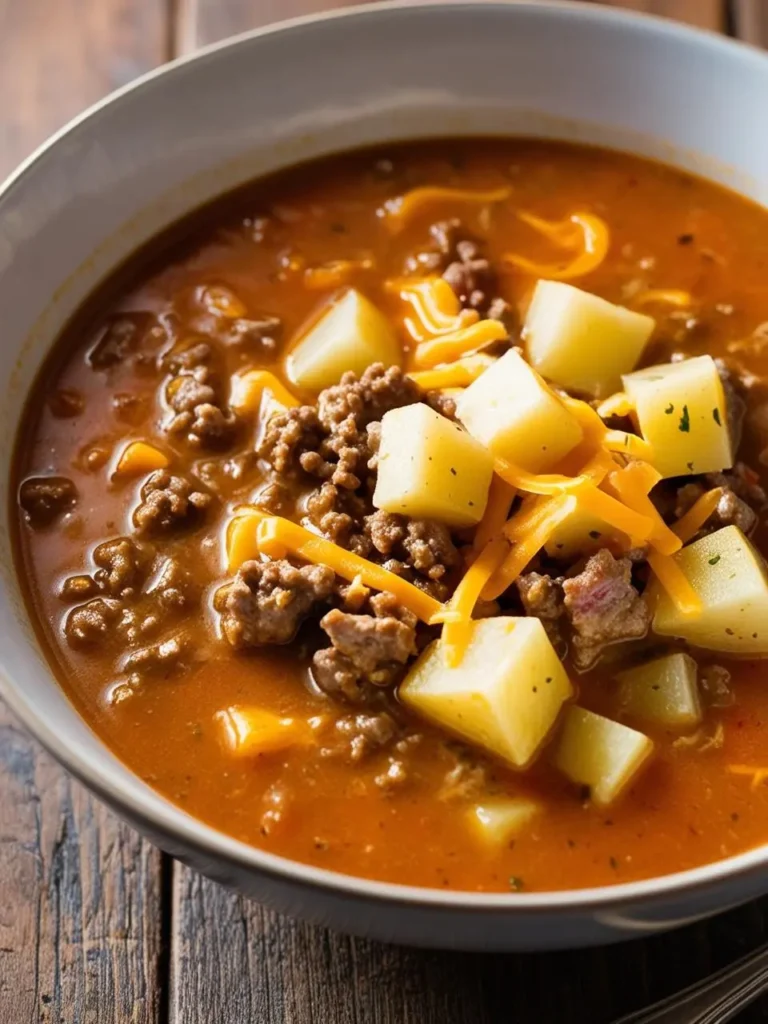 A bowl of hearty beef and potato soup. The soup is filled with tender chunks of beef, diced potatoes, and a rich, savory broth. The soup is topped with shredded cheese, adding a touch of creaminess and richness to the dish. It looks warm, comforting, and perfect for a cold day.