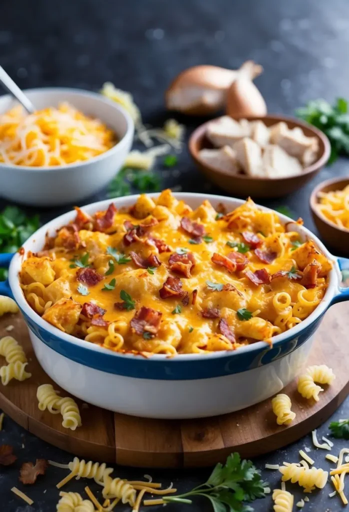 A bubbling casserole dish filled with cheesy bacon chicken noodle casserole, surrounded by scattered ingredients like pasta, chicken, and cheese