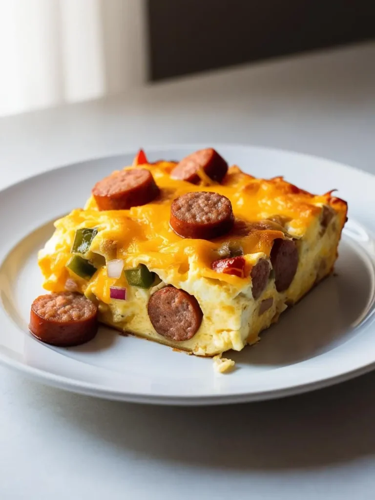 A slice of cheesy sausage and vegetable breakfast casserole on a white plate, ready to be enjoyed.