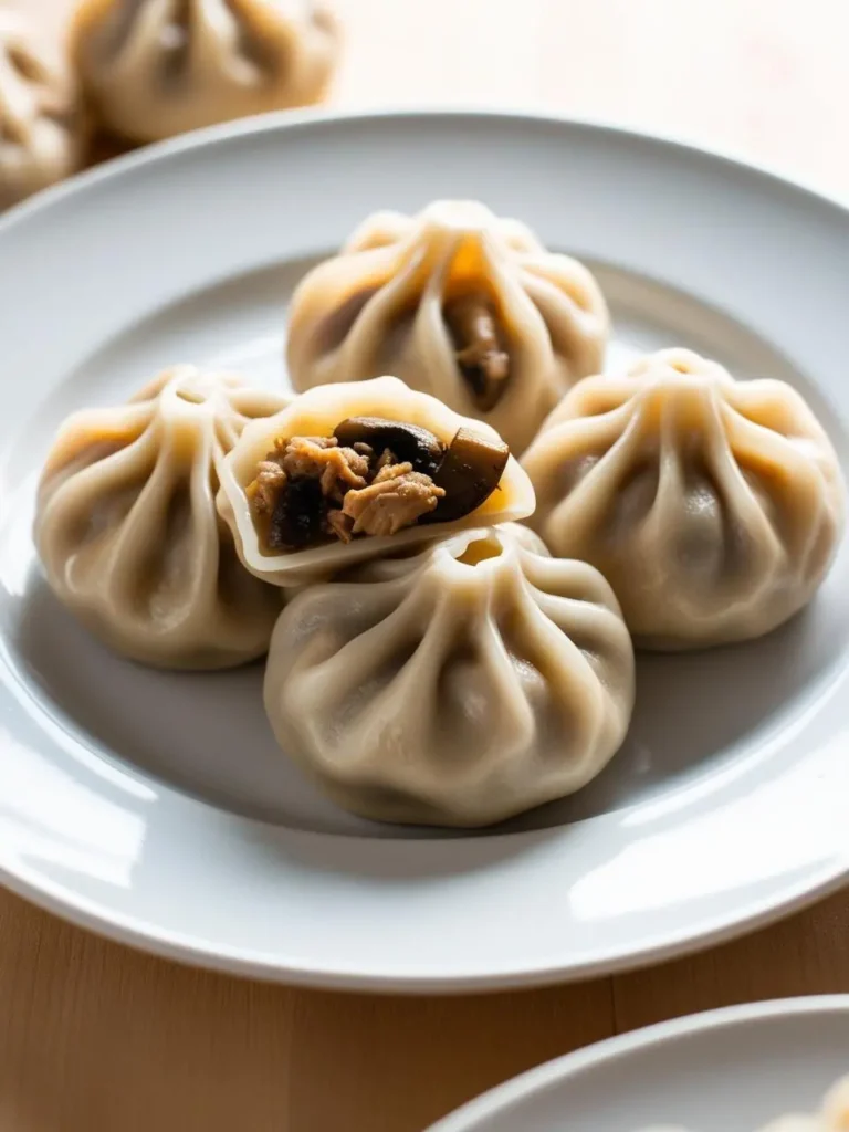 A plate of steamed dumplings with a visible filling of mushrooms and meat.