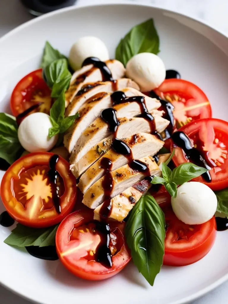 A plate of grilled chicken breast slices arranged over a bed of fresh Caprese salad. The salad features ripe tomato slices, small mozzarella balls, and fresh basil leaves, all drizzled with balsamic glaze.