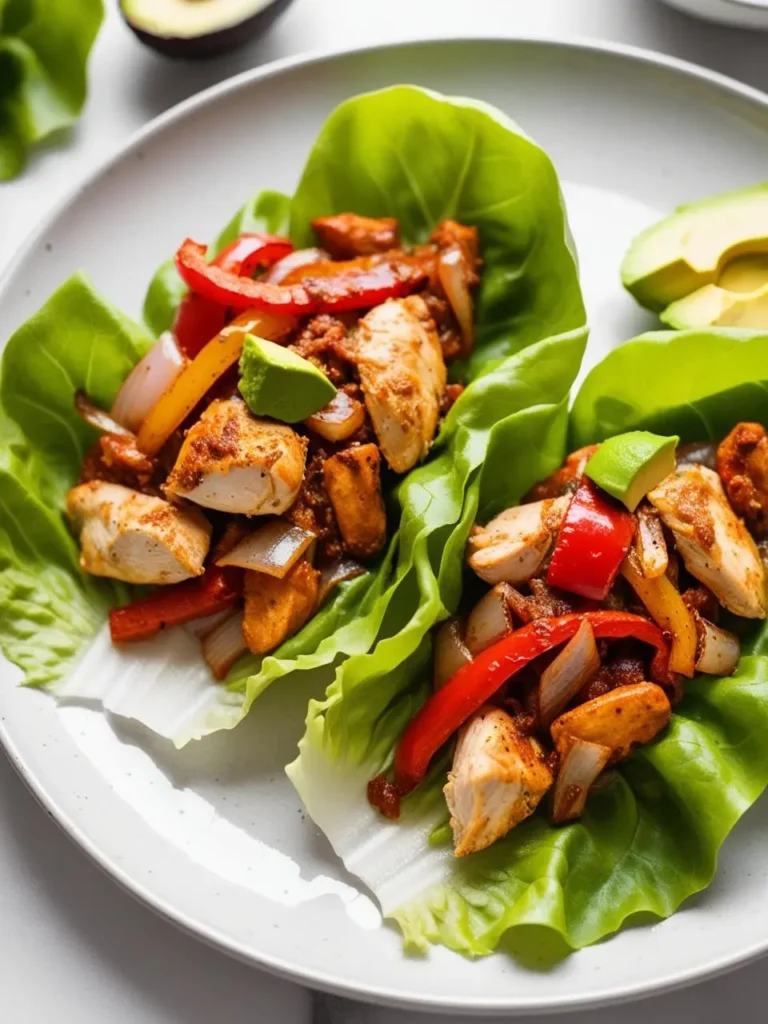 A plate of lettuce wraps filled with seasoned chicken, colorful bell peppers, and onions. The wraps are garnished with avocado slices and look fresh, light, and flavorful.