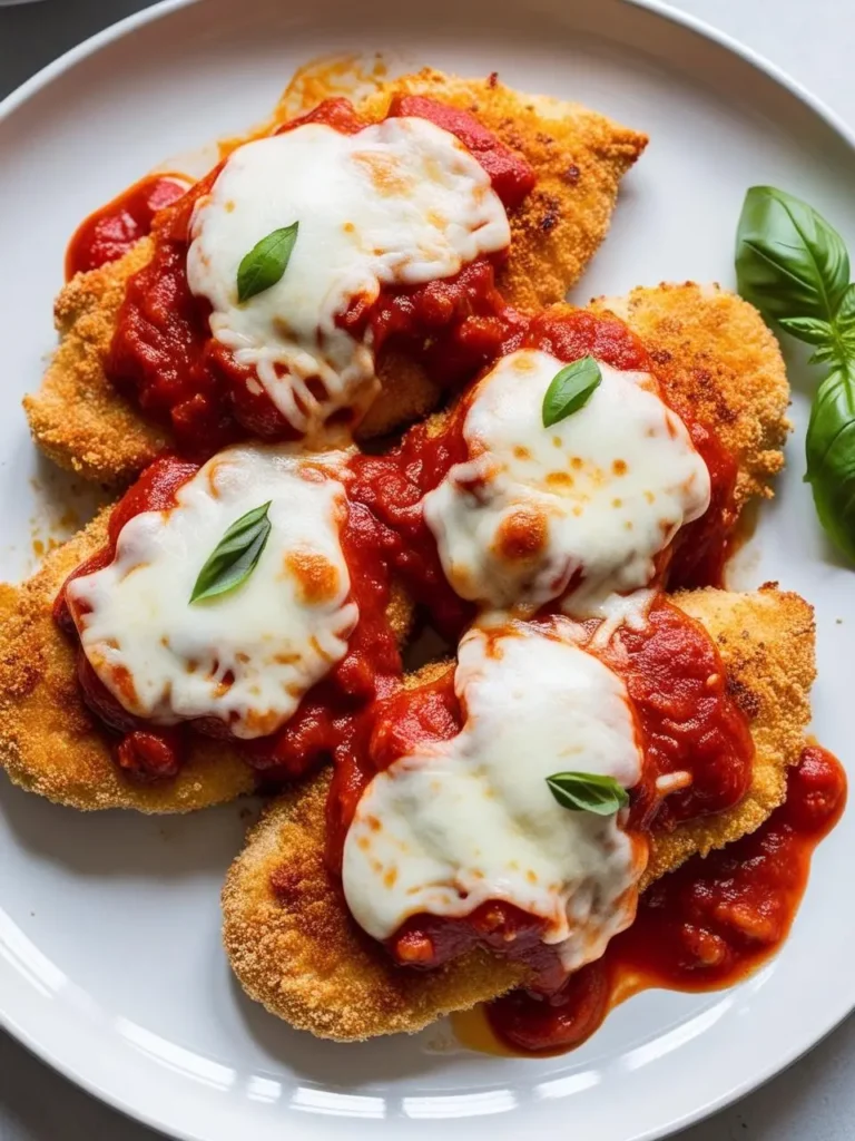 A plate of Chicken Parmigiana. Breaded chicken cutlets are topped with melted mozzarella cheese and a rich tomato sauce. Fresh basil leaves garnish the dish, adding a touch of color and freshness. It looks like a classic and delicious Italian-American meal.