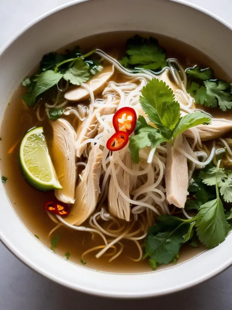 A bowl of steaming chicken pho. The broth is clear and flavorful, filled with tender chicken, rice noodles, and fresh herbs like cilantro and basil. A lime wedge and chili peppers add a touch of color and freshness. The pho looks incredibly inviting and perfect for a warm and comforting meal.