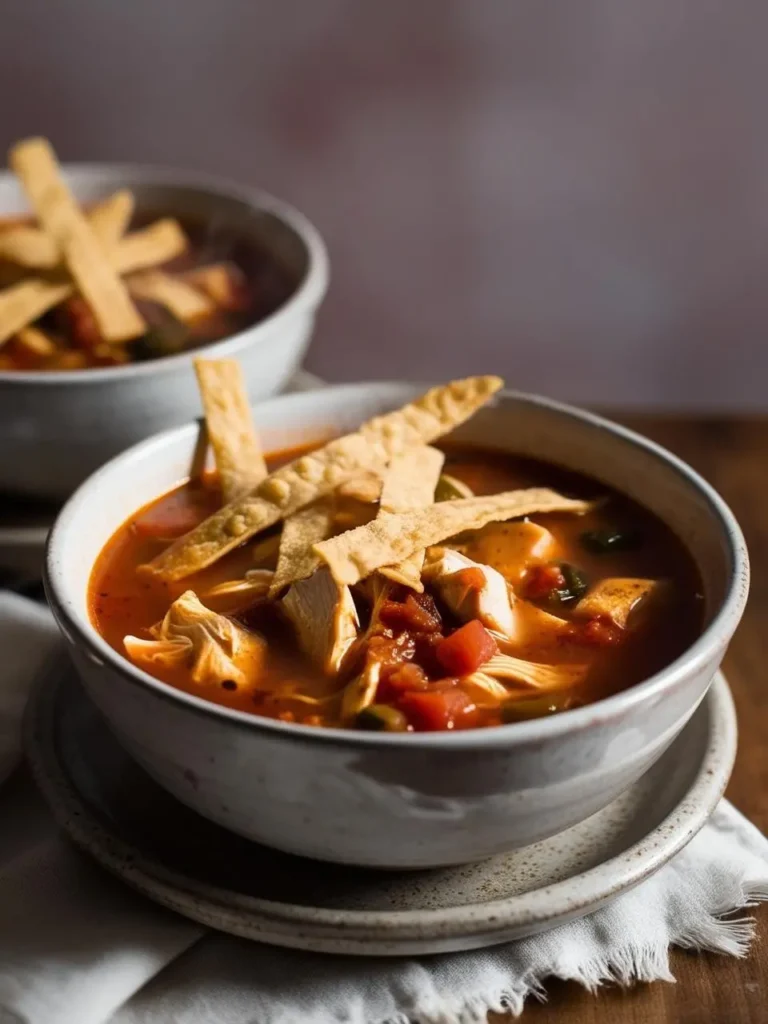 Two bowls of steaming tortilla soup. The soup is a vibrant red color and filled with chunks of chicken, vegetables, and topped with crispy tortilla strips. It looks hearty and flavorful.