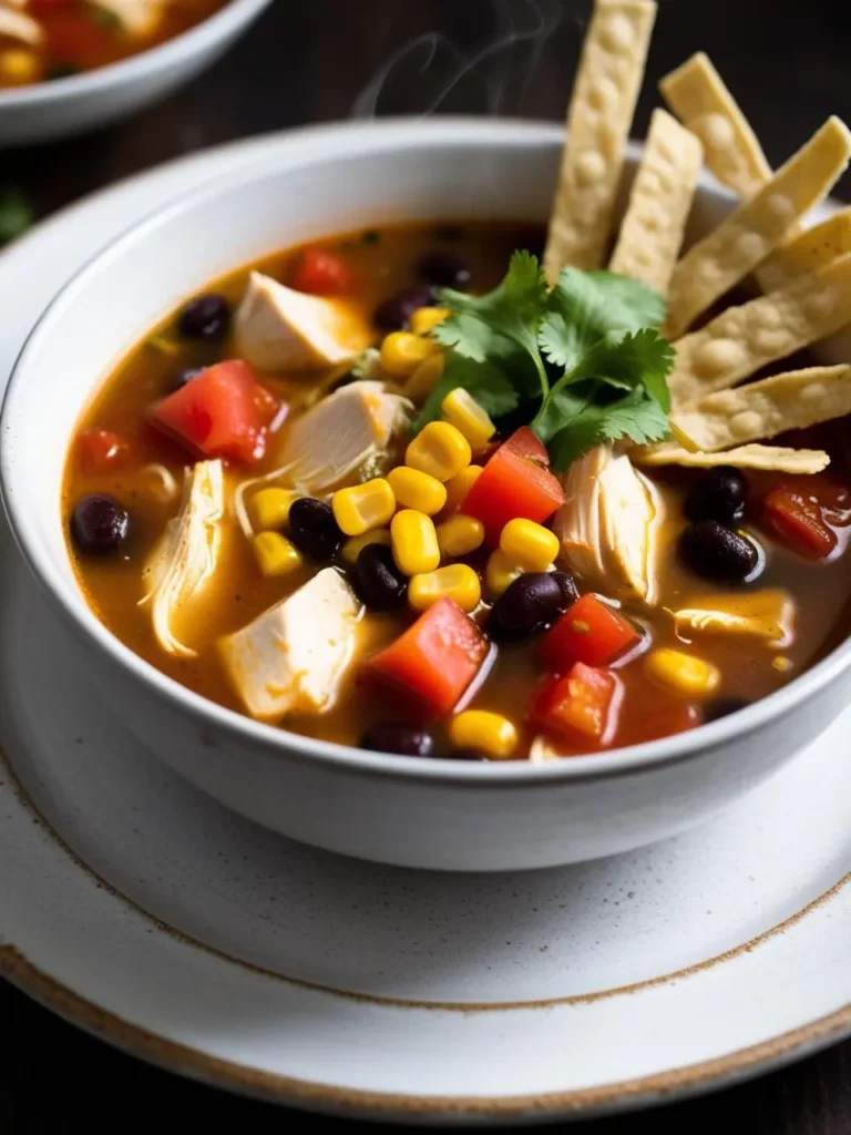 A bowl of steaming chicken tortilla soup. The soup is filled with shredded chicken, black beans, corn, tomatoes, and cilantro. Tortilla strips are sprinkled on top, adding a crunchy texture. The soup looks hearty and flavorful.