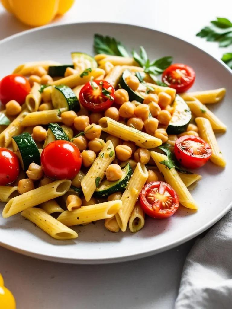 A plate of colorful pasta salad. The pasta is tossed with chickpeas, cherry tomatoes, zucchini, and fresh herbs. The salad looks light, refreshing, and perfect for a summer meal.