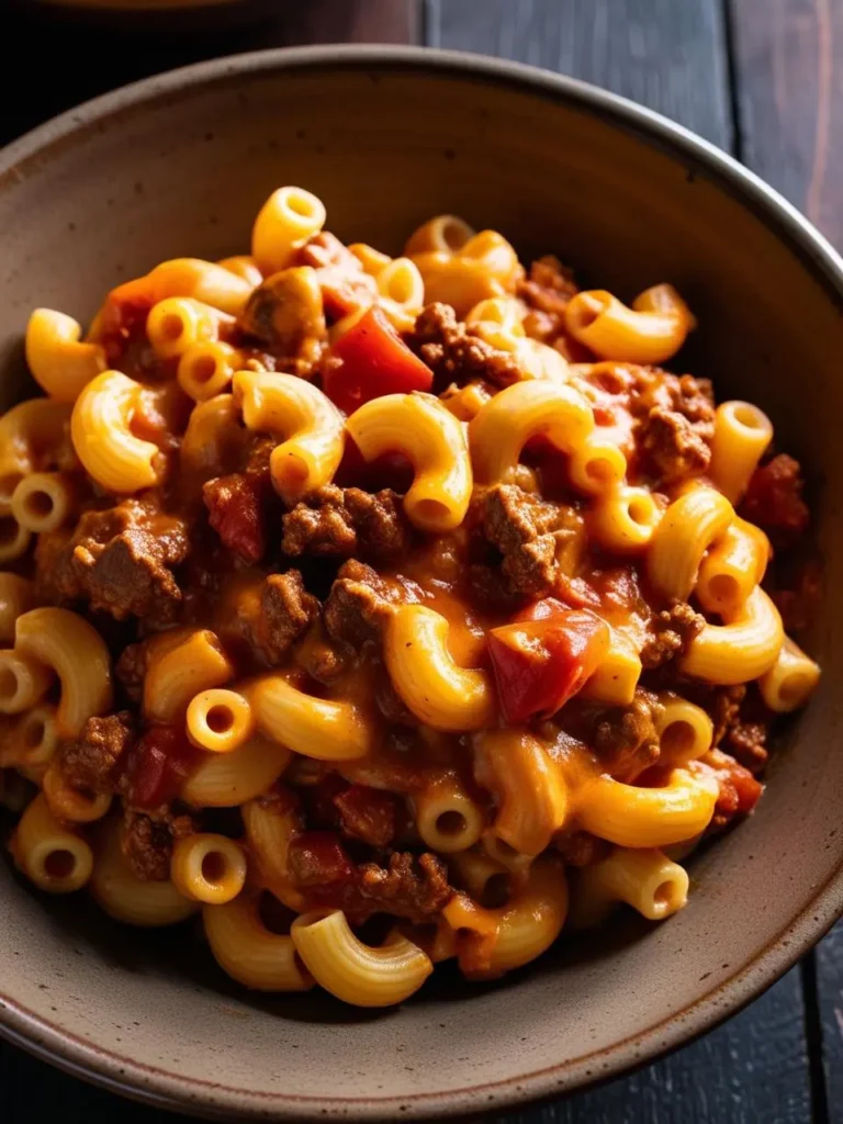 A bowl of American Goulash, a hearty and comforting dish. Elbow macaroni is cooked in a rich tomato sauce and combined with ground beef, creating a flavorful and satisfying meal. The dish is garnished with diced tomatoes and a sprinkle of cheese.