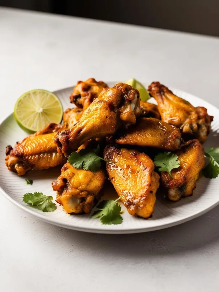 A plate of golden-brown chicken wings, likely baked or roasted. The wings are seasoned and crispy, with a hint of spice. Fresh cilantro and a lime wedge add a touch of freshness. The dish looks appetizing and perfect for a game day snack or a flavorful appetizer.