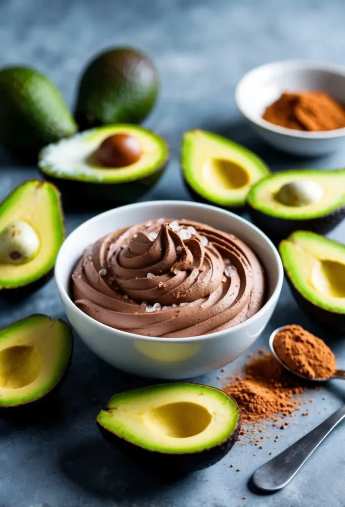 A bowl of creamy chocolate mousse, made with avocado, sits on a table surrounded by whole and halved avocados. A small bowl of cocoa powder and a spoon are nearby. The mousse is garnished with a sprinkle of sea salt.