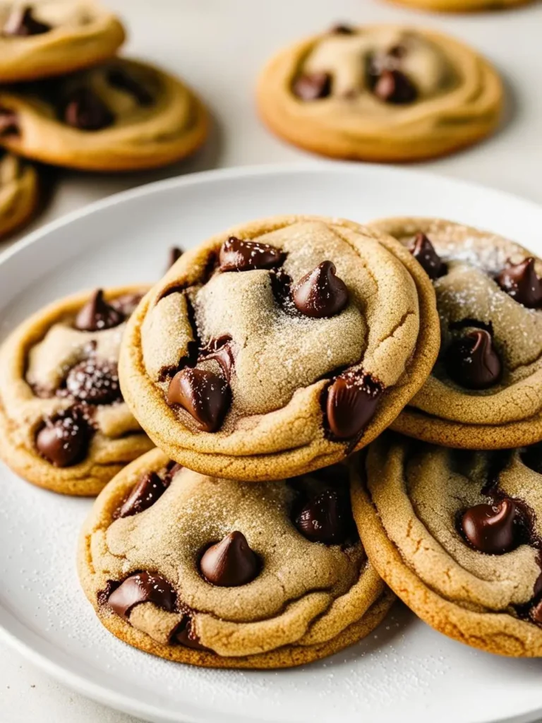 A plate of warm, chewy chocolate chip cookies. The cookies are golden brown and sprinkled with powdered sugar. They look soft, gooey, and absolutely irresistible.