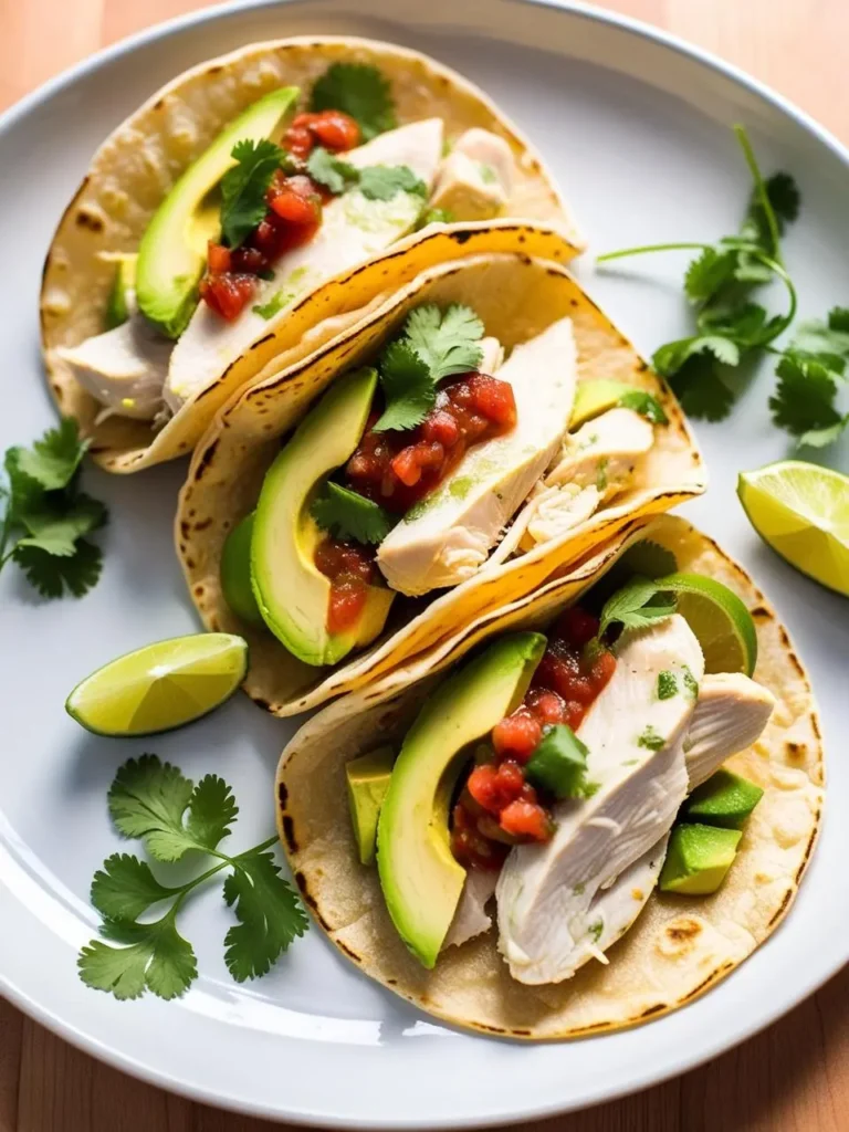 Three soft tacos filled with shredded chicken, topped with fresh avocado slices, pico de gallo, and a sprinkle of cilantro. Lime wedges are placed beside the tacos. The dish looks light, flavorful, and perfect for a summer meal.