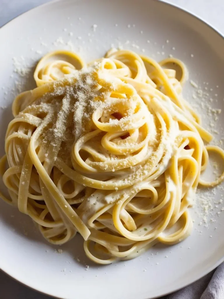 A plate of creamy fettuccine pasta coated in a rich, buttery sauce and sprinkled with grated Parmesan cheese. The pasta looks smooth and decadent.