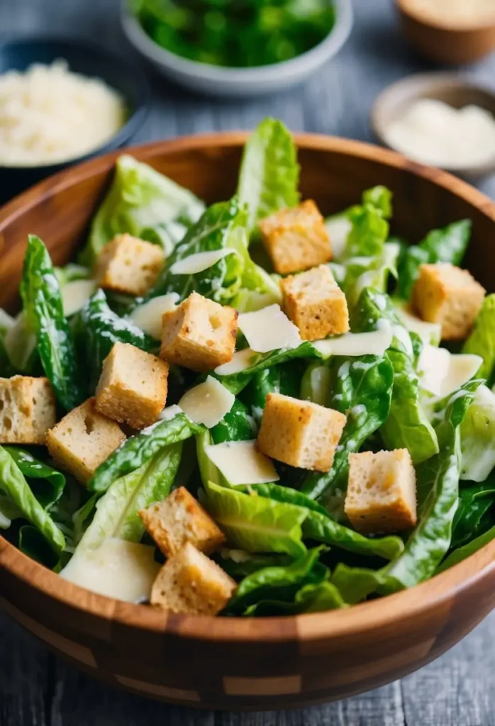 A wooden bowl filled with a classic Caesar salad. Fresh romaine lettuce is tossed with croutons, grated Parmesan cheese, and a creamy dressing. The salad looks crisp, flavorful, and ready to be enjoyed.