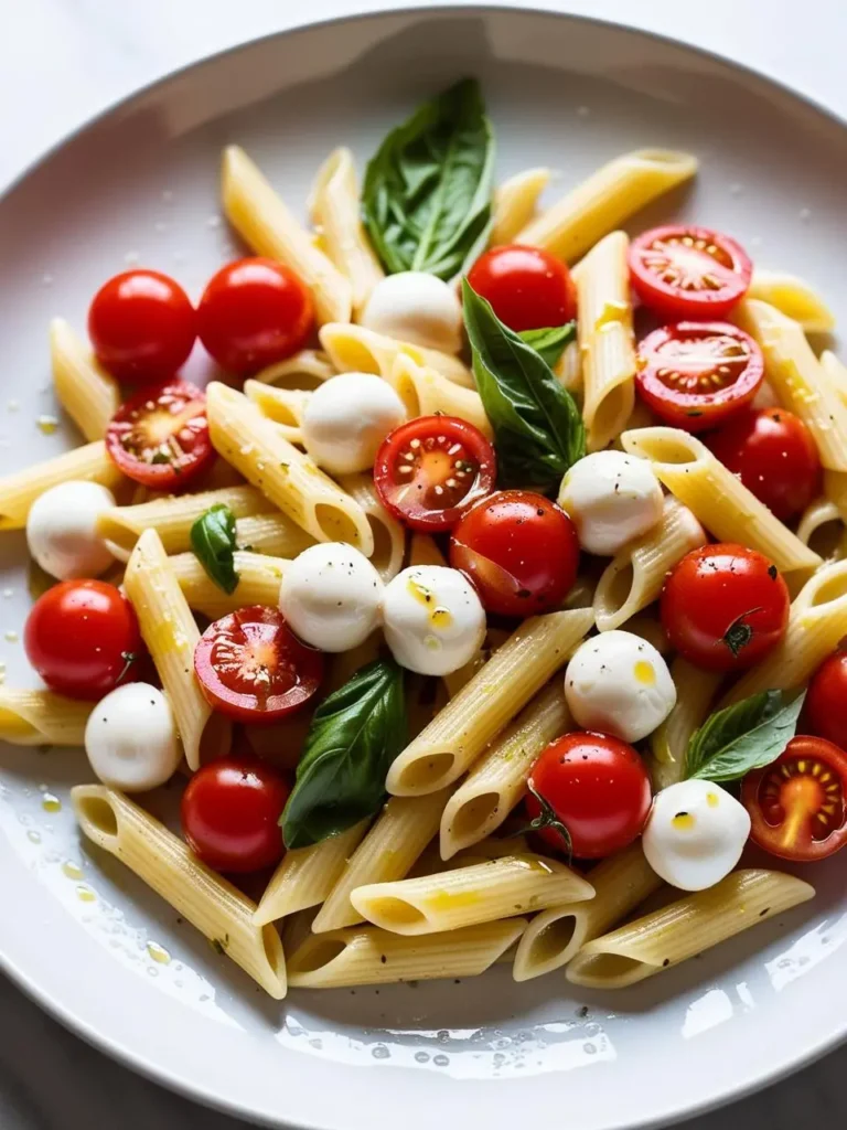 A plate of Caprese pasta salad with penne pasta, cherry tomatoes, fresh mozzarella, and basil leaves, drizzled with olive oil and balsamic vinegar.