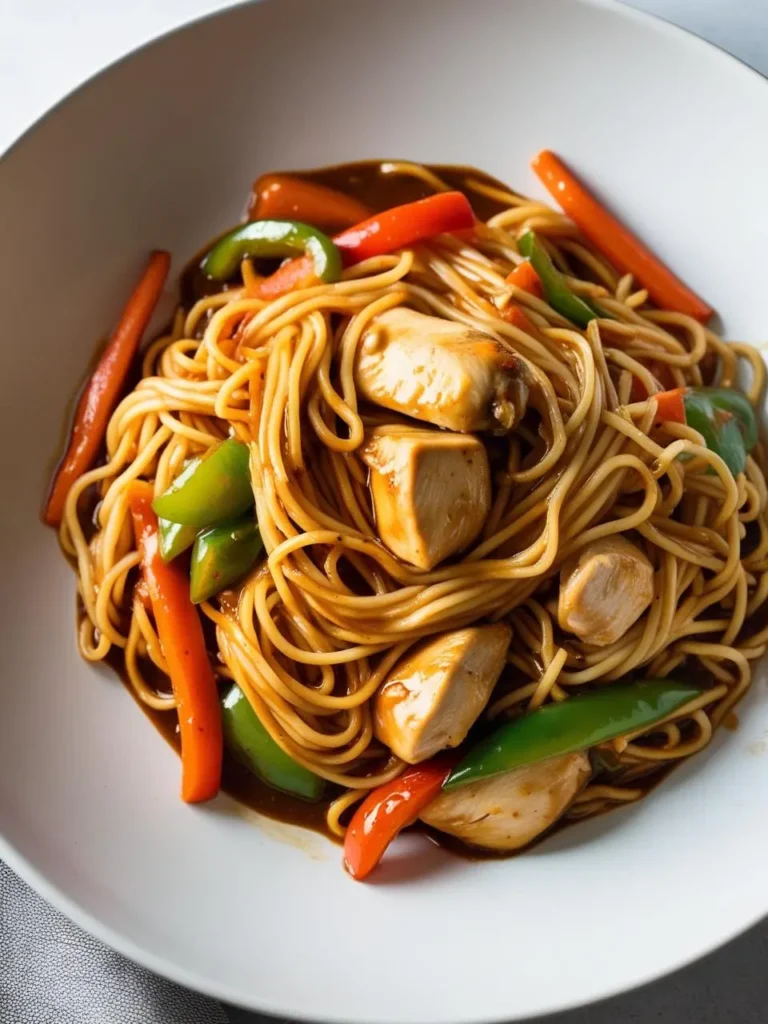 A plate of lo mein noodles stir-fried with chicken and colorful bell peppers. The noodles are coated in a rich, savory sauce, and the dish looks incredibly flavorful and satisfying.