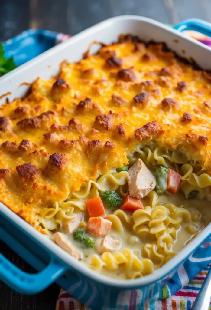 A bubbling casserole dish filled with creamy chicken, tender noodles, and colorful vegetables, topped with a golden brown crust