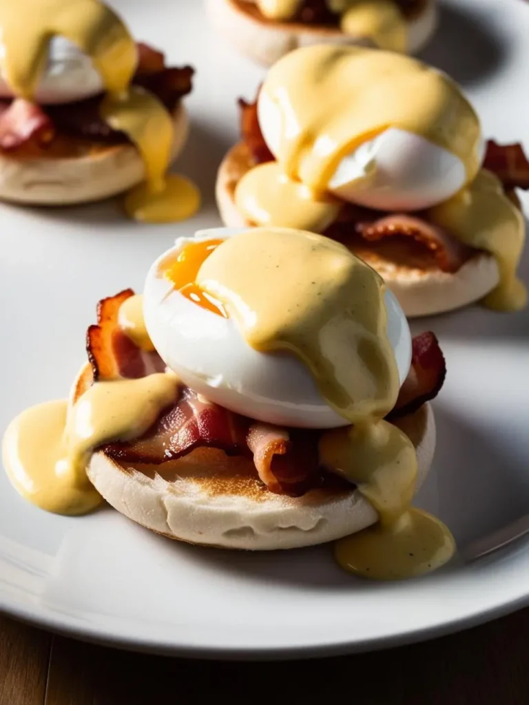 A plate of Eggs Benedict with perfectly poached eggs, crispy bacon, and a generous drizzle of rich hollandaise sauce on toasted English muffins. The yolks are runny and inviting.