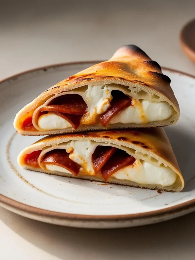 A crispy, golden-brown calzone cut in half, revealing a cheesy filling with pepperoni slices. The calzone looks delicious and perfect for a quick and satisfying meal.