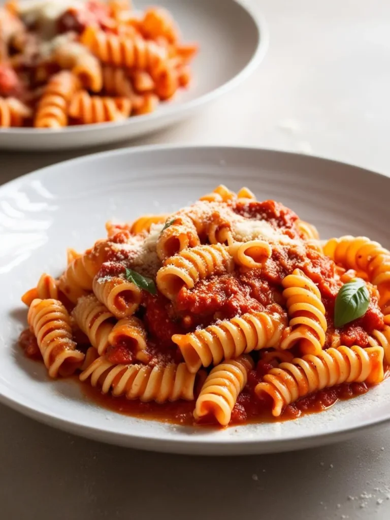 A plate of rotini pasta coated in a rich, tomato-based sauce. The pasta is topped with grated Parmesan cheese and fresh basil leaves, adding a touch of texture and flavor. The dish looks incredibly appetizing and perfect for a satisfying meal.