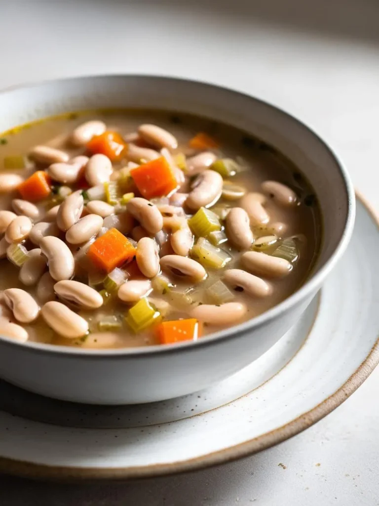 A bowl of creamy white bean soup. The soup is filled with plump navy beans, diced carrots, celery, and onions. The broth looks rich and flavorful, making it a perfect comforting meal.