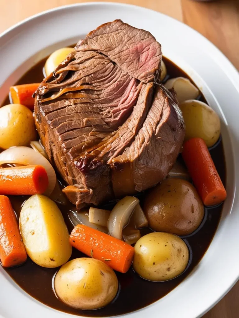 A plate of tender pot roast with a rich, dark gravy. The meat is sliced and served alongside roasted potatoes, carrots, and onions. The dish looks hearty and perfect for a cold winter day.