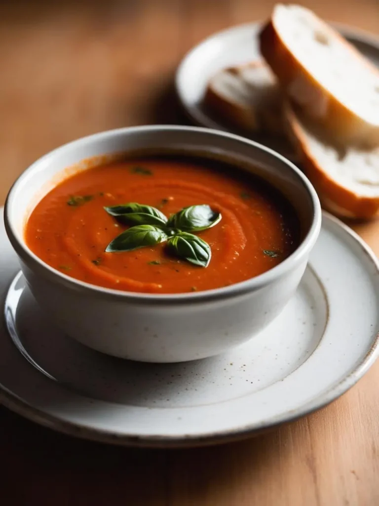 A bowl of vibrant tomato soup garnished with fresh basil leaves. The soup has a smooth and creamy texture, and it's served alongside slices of crusty bread. The dish looks incredibly appetizing and perfect for a cozy and comforting meal.