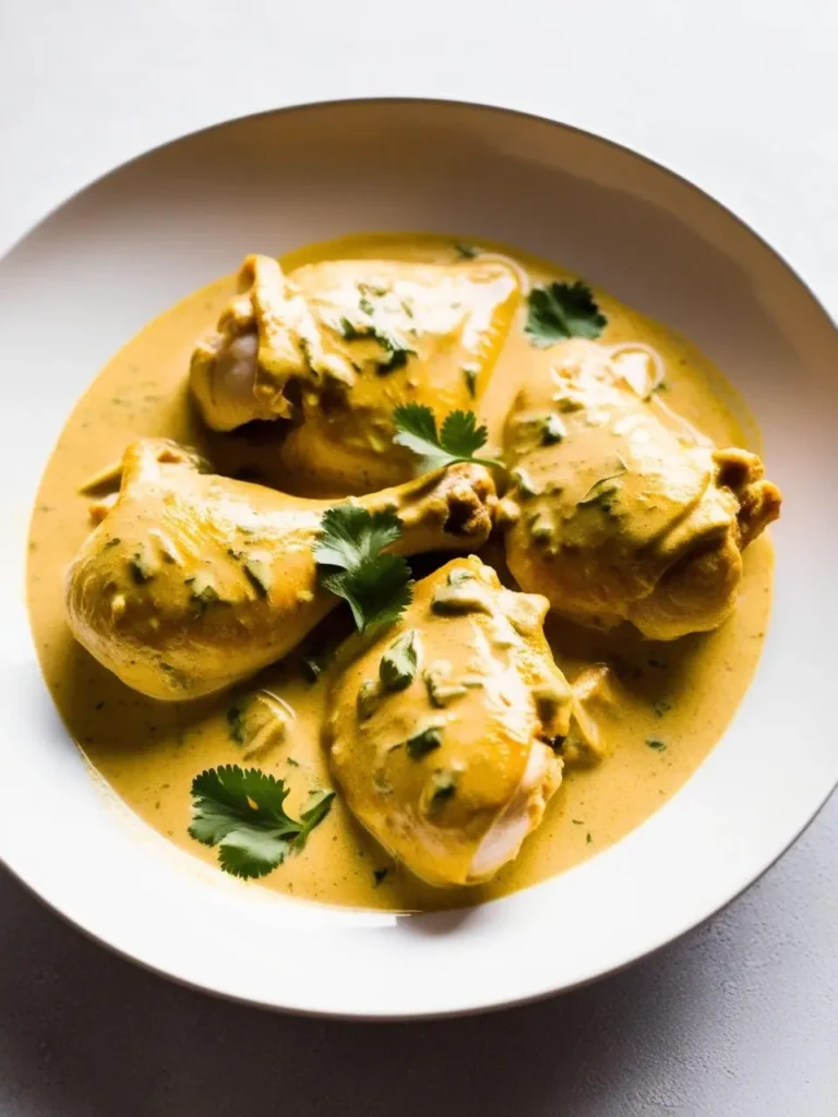 A plate of succulent chicken pieces simmered in a rich, golden curry sauce. The chicken is tender and coated in the aromatic sauce, with fresh cilantro sprigs adding a touch of freshness. The dish looks incredibly flavorful and inviting.