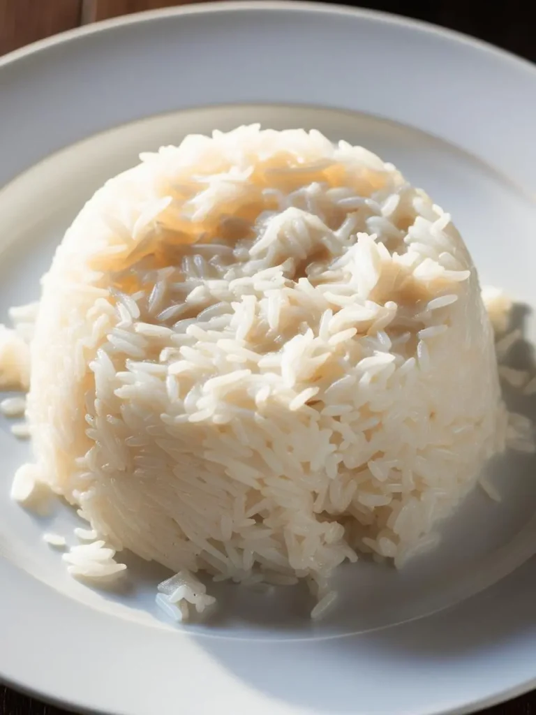 A plate of fluffy, white rice, steaming hot and ready to serve. The rice is piled high and looks light and airy, perfect for a side dish or to accompany a variety of main courses.