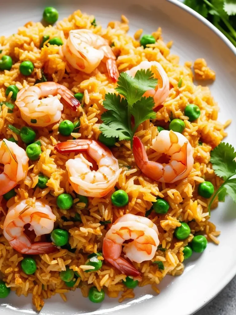 A plate of vibrant shrimp fried rice. The dish features fluffy rice, plump shrimp, and vibrant green peas. This fried rice looks incredibly appetizing and perfect for a quick and satisfying meal.