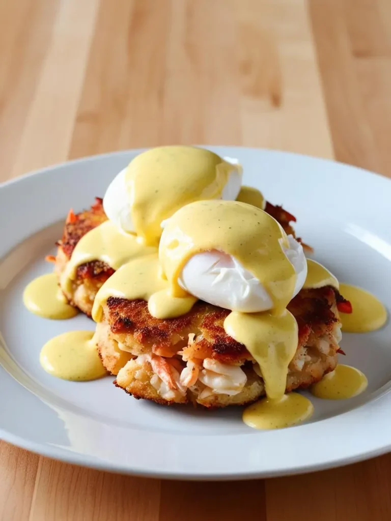 A plate of Crab Cake Benedict. Two golden-brown crab cakes are topped with perfectly poached eggs and smothered in a rich, creamy hollandaise sauce.