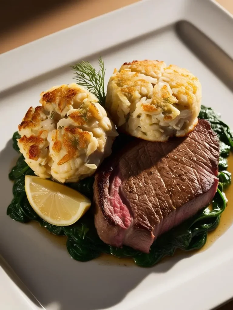 A plate of surf and turf featuring a perfectly seared steak, golden-brown crab cakes, and a bed of sautéed spinach. A slice of lemon adds a touch of freshness. The dish looks elegant and sophisticated, perfect for a special occasion.