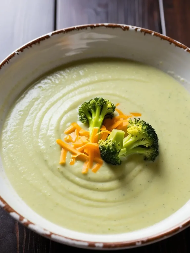 A bowl of creamy broccoli cheese soup. The soup is a vibrant green color and garnished with fresh broccoli florets and shredded cheddar cheese. It looks rich, comforting, and perfect for a cold day.