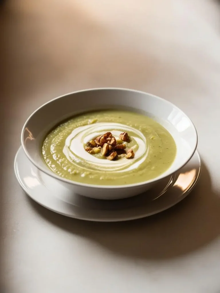 A bowl of creamy Brussels sprouts soup topped with walnuts and a swirl of cream.